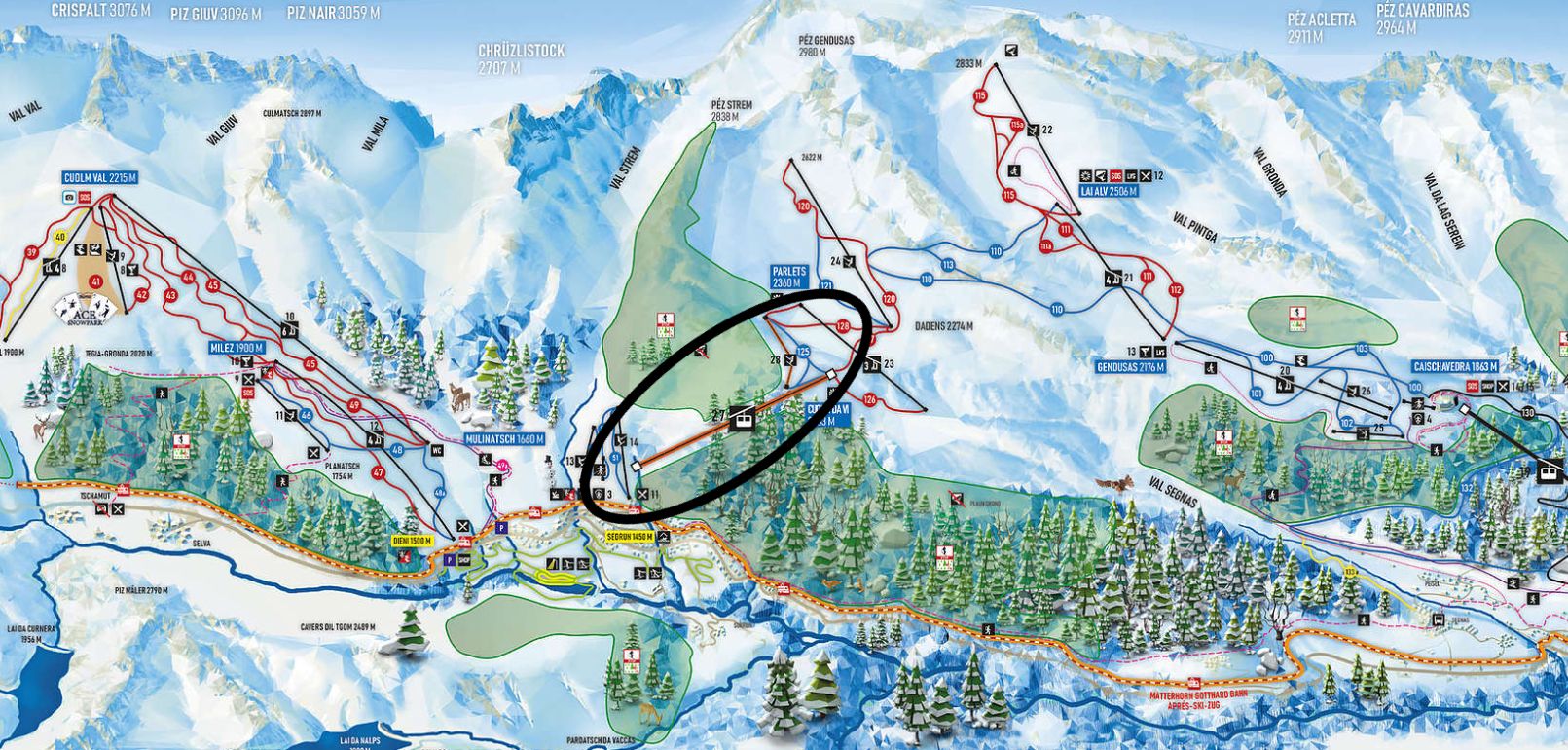 De nieuwe Cuolm da Vi pendelbaan maakt de verbinding tussen Sedrun (links) en het skigebied van Disentis (rechts) compleet