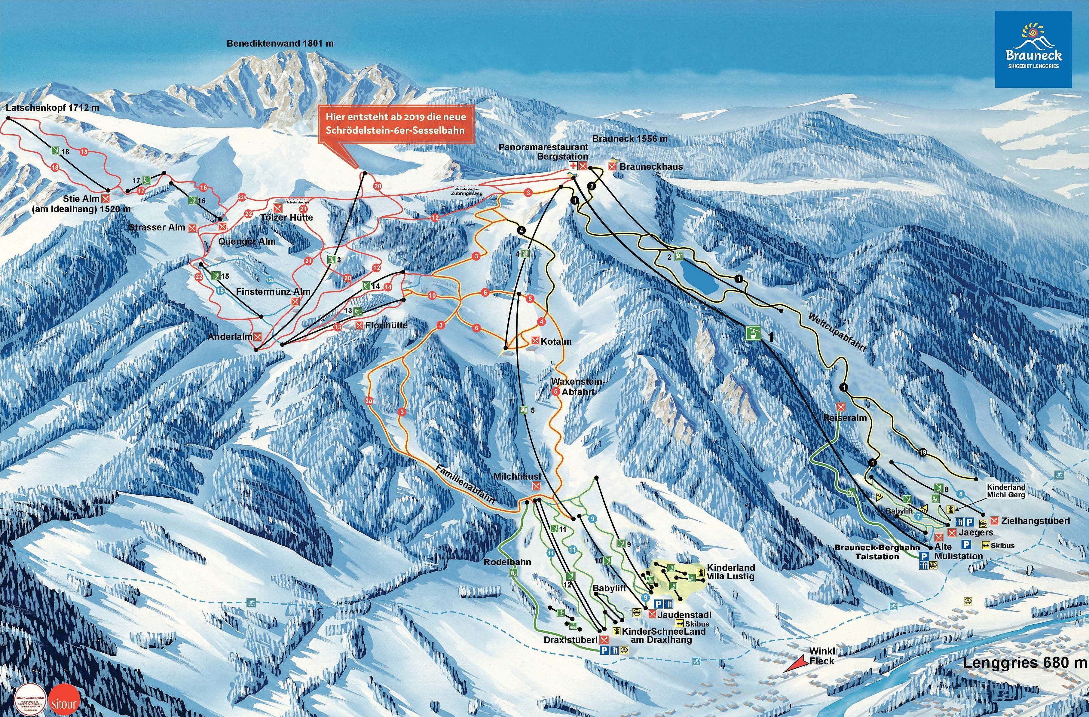 Een overzicht van het skigebied met de nieuwe Schrödelsteinbahn