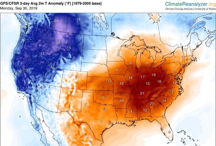 Temperatuurafwijking Noord-Amerika, 30-9-2019