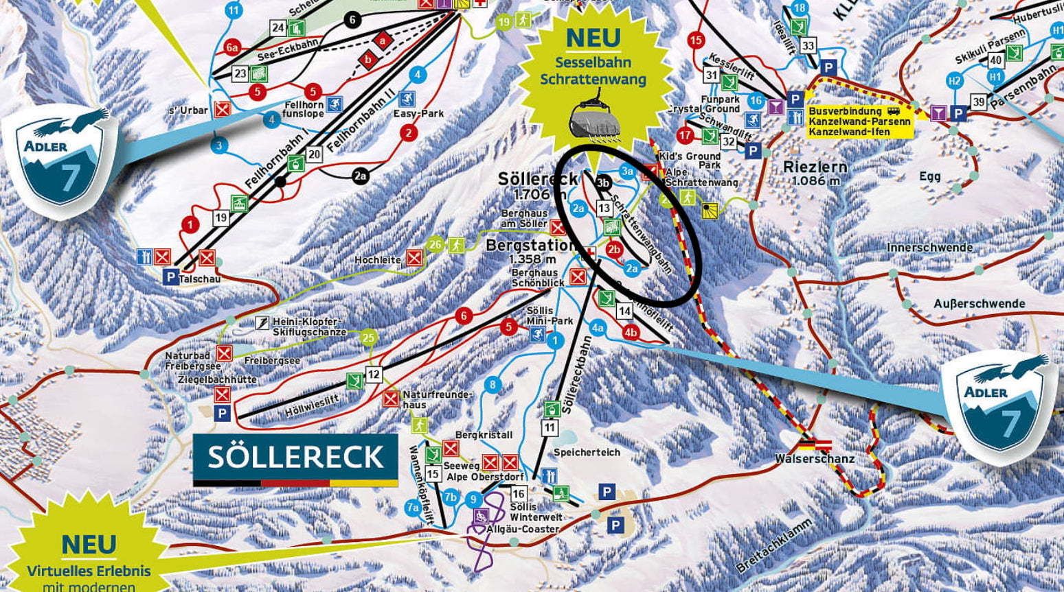 Het nieuwe pistekaartje van Söllereck met de nieuwe Schrattenwangbahn in het zwart omcirkeld