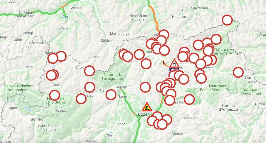 Alle wegafsluitingen in Zuid-Tirol (12.00 uur)