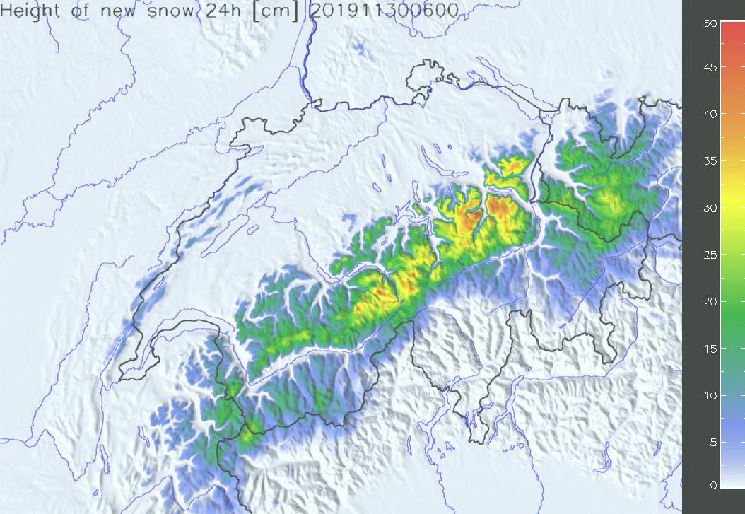 Sneeuwval vrijdagochtend-zaterdagochtend (24u), bron: Meteoschweiz
