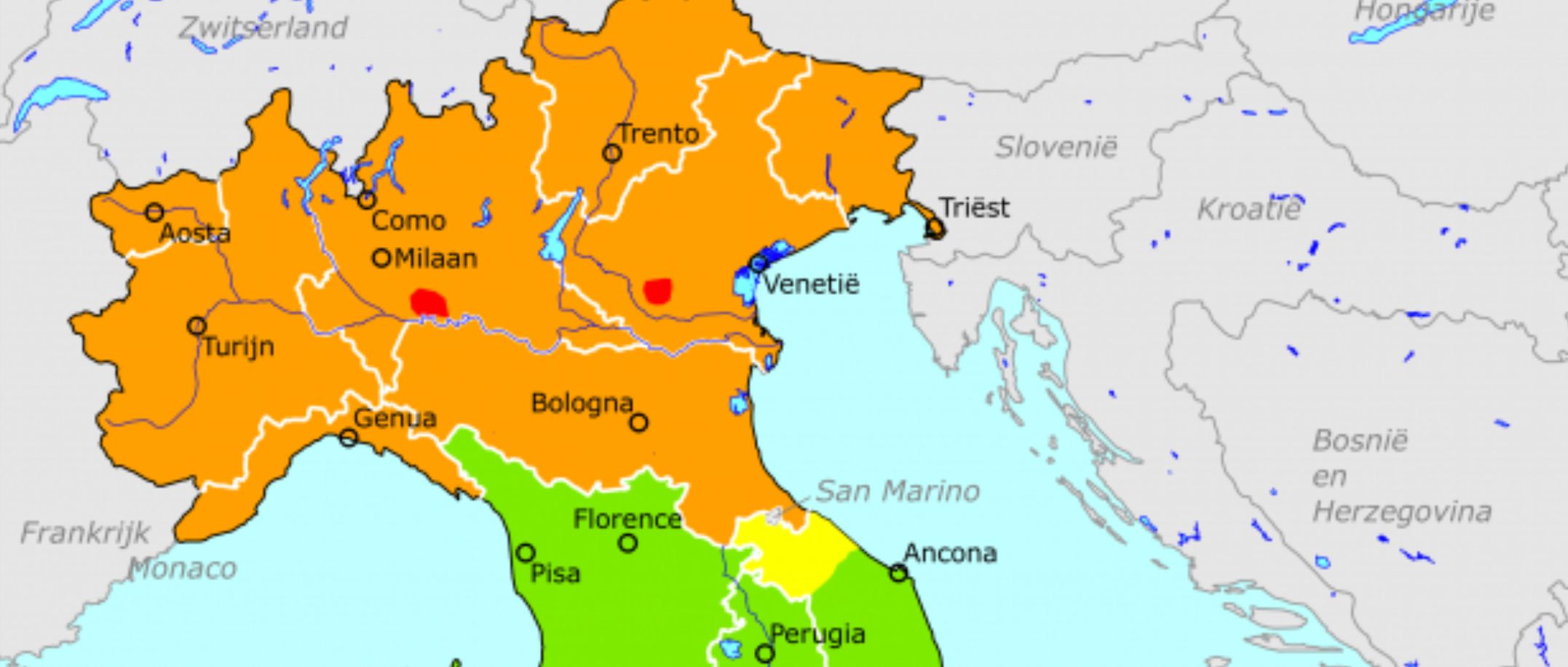 Voor heel Noord-Italië geldt nu kleurcode oranje