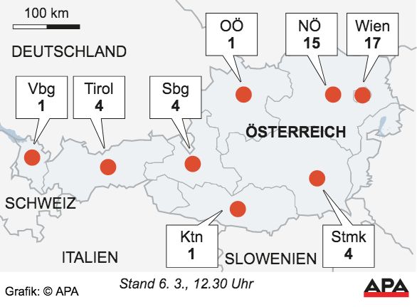 De besmettingen in Oostenrijk, 6-3-2020, 12.30u (bron: APA)