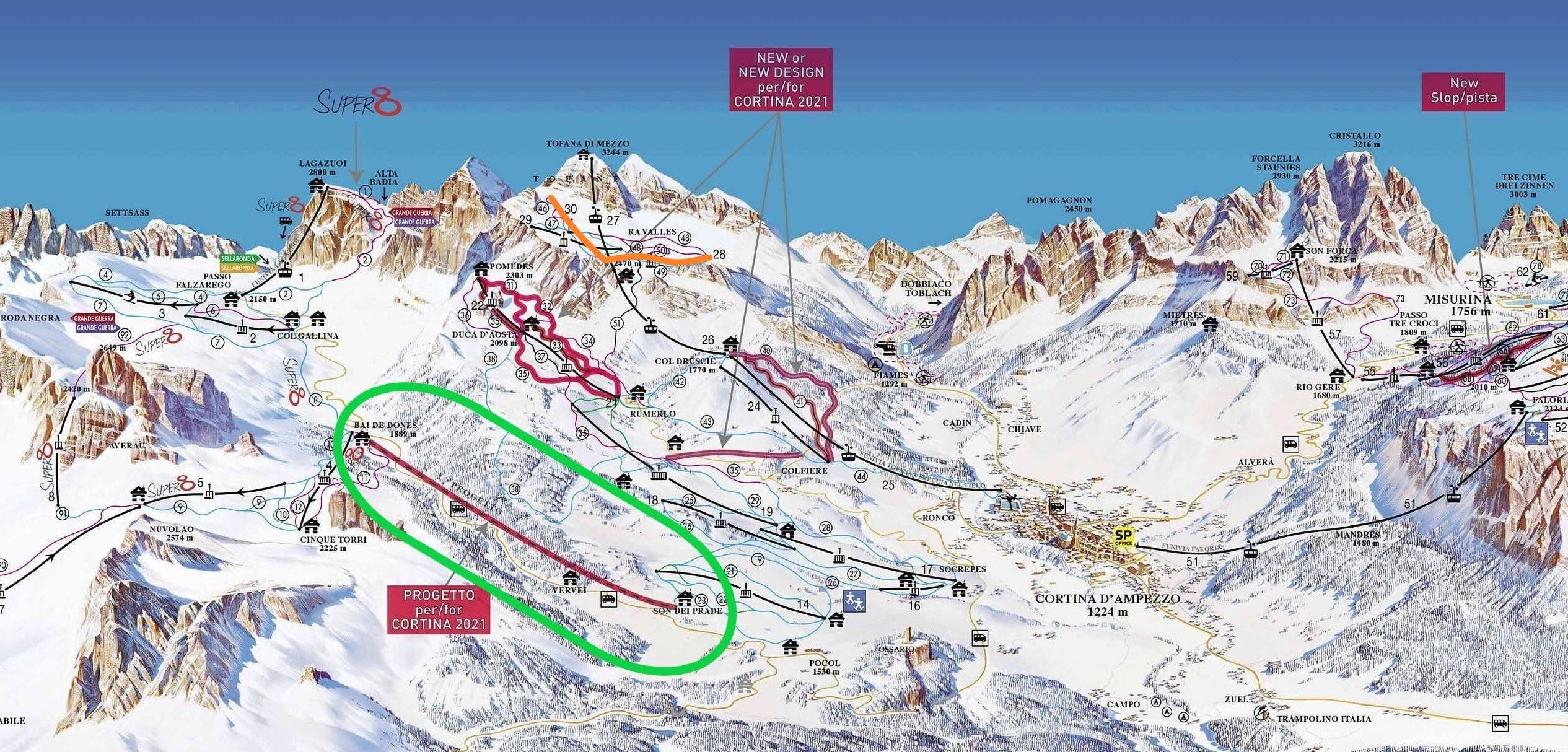 Een overzichtskaartje van alle vernieuwingen in Cortina. De nieuwe verbindingsgondel met Cinque Torri (groen omcirkeld), de nieuwe stoeltjeslift (oranje) en de nieuwe/aangepaste pistes (rood gearceerd)
