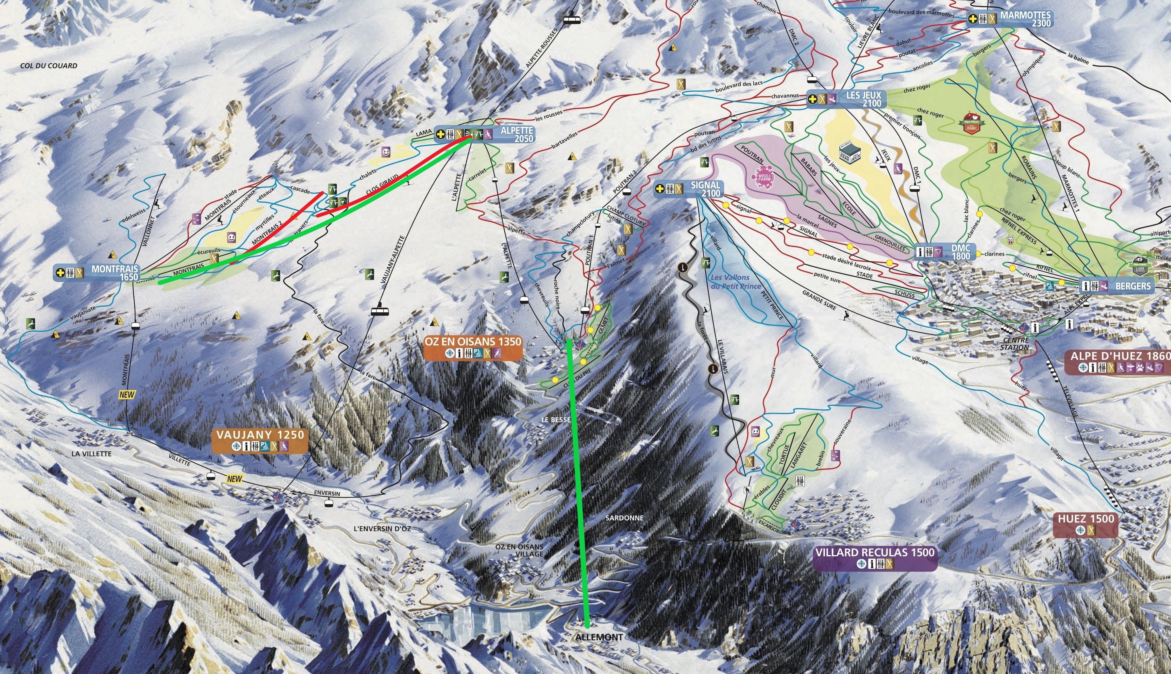 Een overzicht van de twee projecten in het skigebied van Alpe d'Huez (in groen): links de nieuwe Clos Giraud combibaan, in het midden de nieuwe toegangsgondel vanuit Allemond