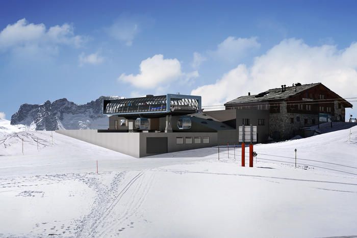 Het bergstation van de nieuwe gondel in Zermatt (Zermatt Bergbahnen AG)