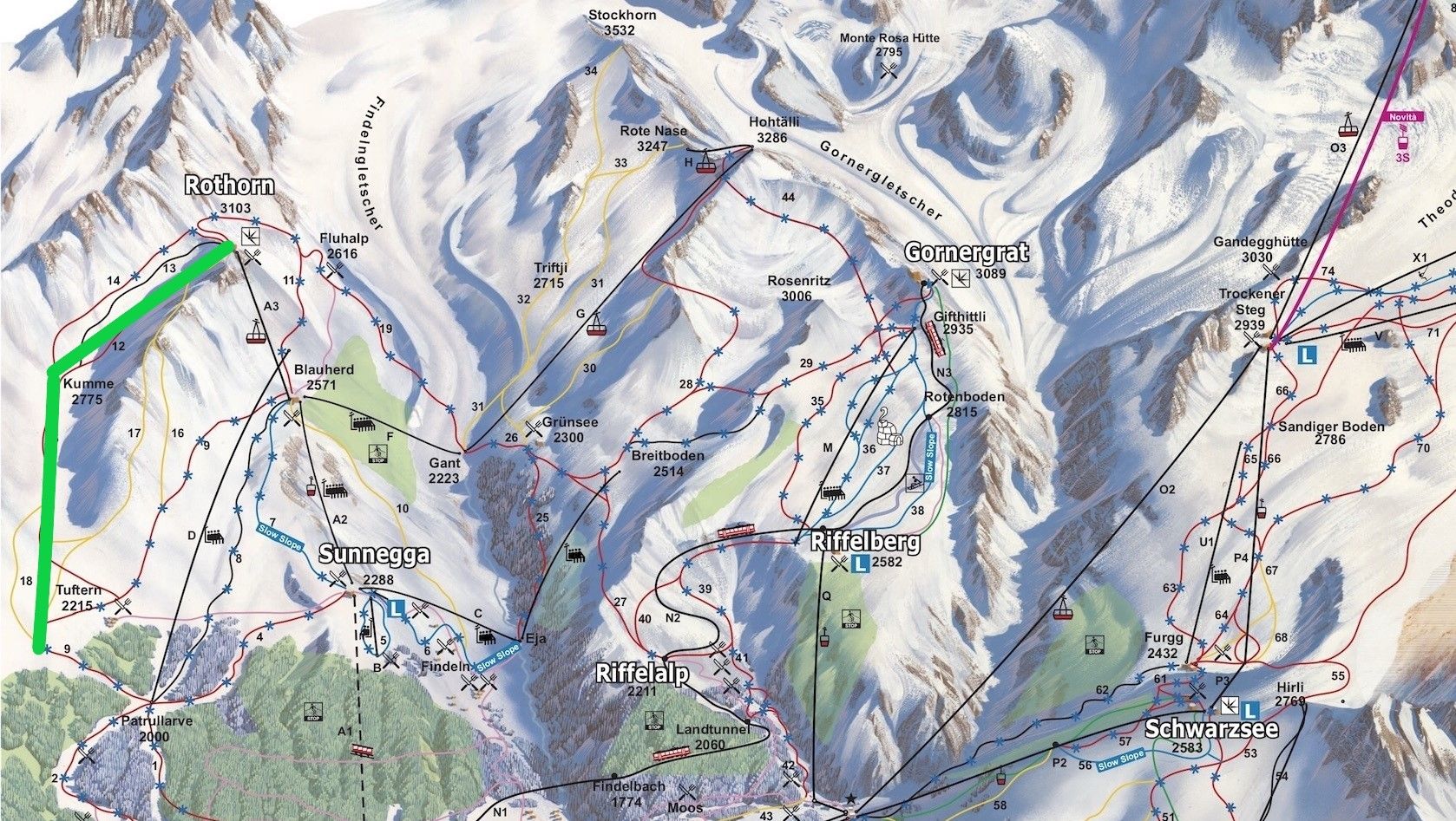 De nieuwe Unterrothorn gondel in Zermatt (groen)